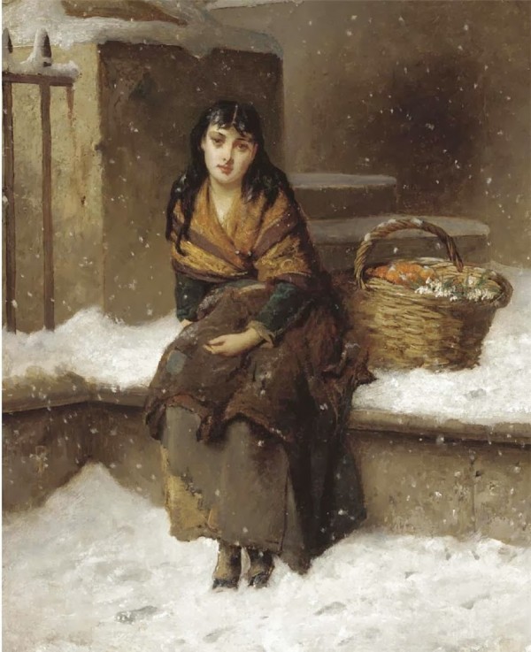 A woman in the snow with a grocery basket by Augustus Edwin Mulready